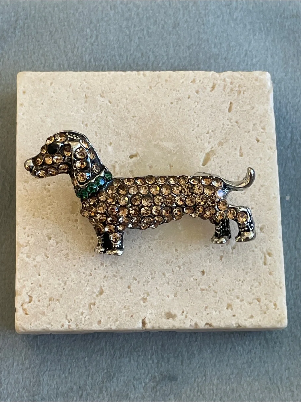 Anthropologie Brown Rhinestone Dachshund Brooch with Green Collar